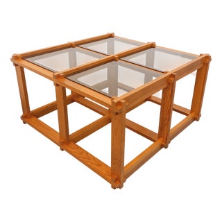 Vintage Square Coffee Table in Pine and Smoked Glass, 1970s For Sale