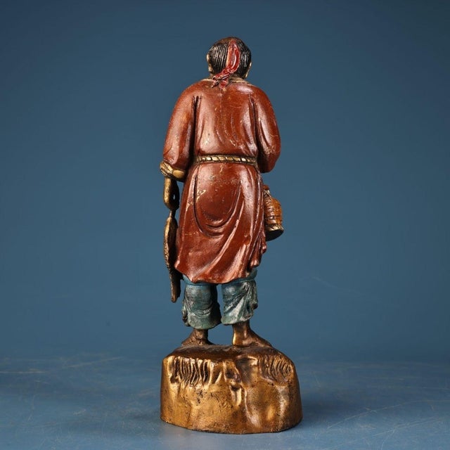Traditional Late 19th Century Gilt Bronze Fisherman Statue, Hand-Painted Figurine, 550g For Sale - Image 3 of 9