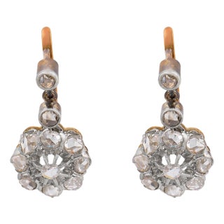 19th Century Pair of French Victorian Rose Cut Diamond 18k Yellow Gold Platinum Cluster Earrings For Sale