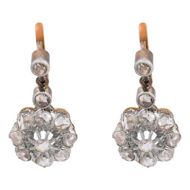 19th Century Pair of French Victorian Rose Cut Diamond 18k Yellow Gold Platinum Cluster Earrings For Sale