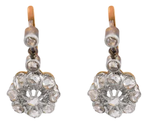 19th Century Pair of French Victorian Rose Cut Diamond 18k Yellow Gold Platinum Cluster Earrings