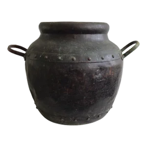 1940s Hand Hammered Studded Patinated Copper Pot With Handles