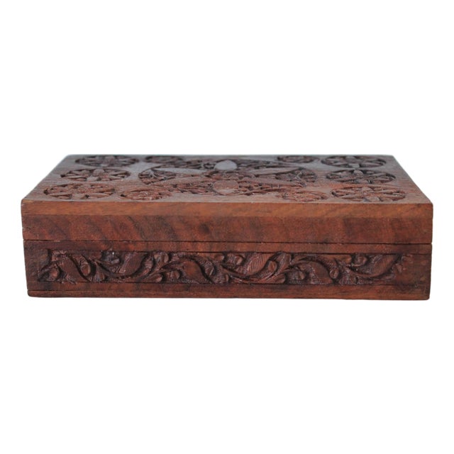 Vintage Anglo Indian Rectangular Carved Wood Trinket Box For Sale