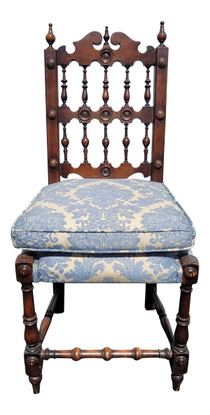 Vintage French Country Spindle Back Blue Damask Side Chair