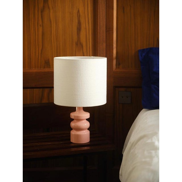 Pamela pm table lamp in solid beech with lacquer and aj linen by popus editions. Dimensions: ø 29.5 x h 48.5 cm....
