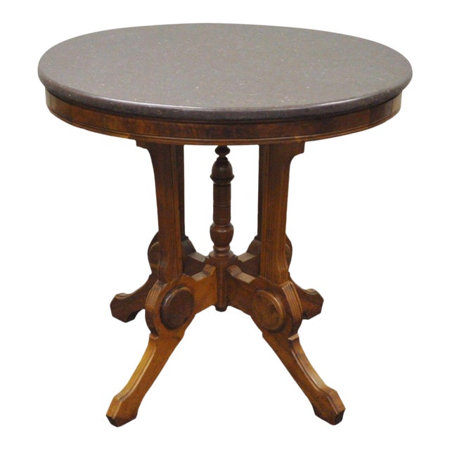 Antique Victorian Marble Top Carved Walnut Oval Eastlake Side Table