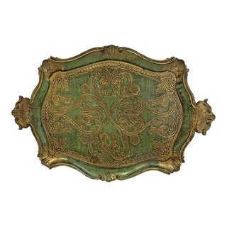 Mid-Century Italian Florentine Tray in Green & Gold. For Sale