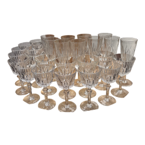 French Antique Crystal Wine Glasses and Champagne Flutes - Set of 28