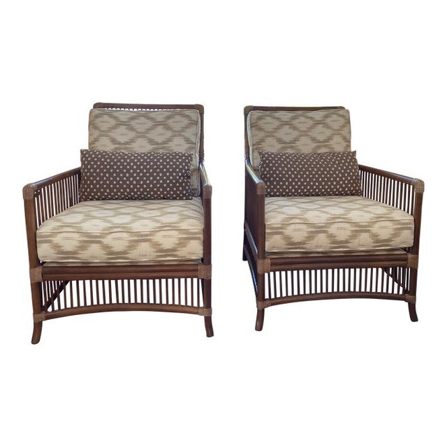 Pencil Rattan Chairs Schumacher Santa Monica Ikat Fabric For Sale - Image 13 of 13