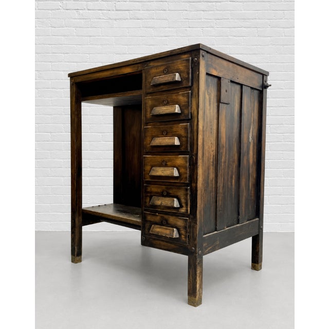Mid-Century Modern Antique Industrial Wooden Workbench Cabinet, C. 1920’s For Sale - Image 3 of 15