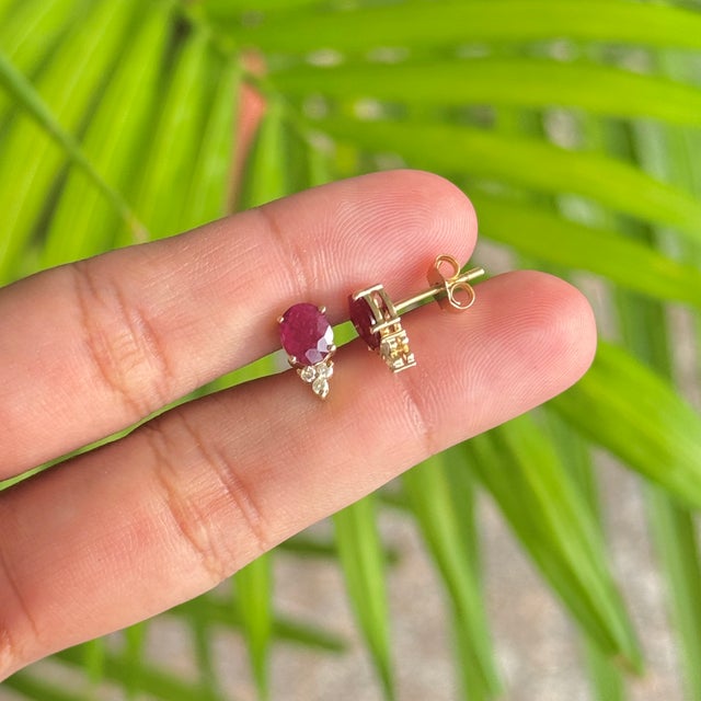1.75 Ct Oval Cut Ruby and Diamond Crown Stud Earrings in 14k Gold- A Pair For Sale - Image 11 of 16