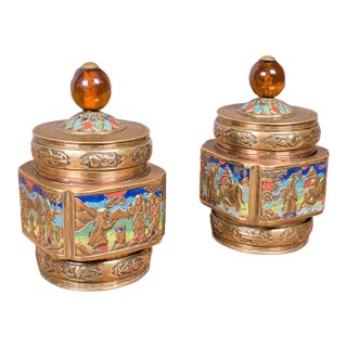 Pair of Small Antique Champleve Tea Caddies, Oriental Spice Pot, Edwardian, 1910 For Sale