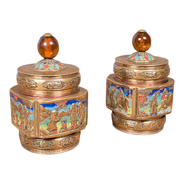 Pair of Small Antique Champleve Tea Caddies, Oriental Spice Pot, Edwardian, 1910 For Sale
