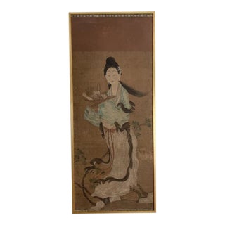 18th Century Asian Antique Chinese Goddess Painted on Silk and Framed For Sale