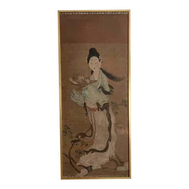 18th Century Asian Antique Chinese Goddess Painted on Silk and Framed For Sale