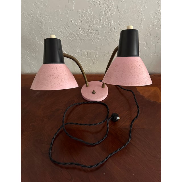1950s Mid-Century Modern Dual Gooseneck Desk Lamp; Pink and Black Metal Cones For Sale - Image 14 of 14