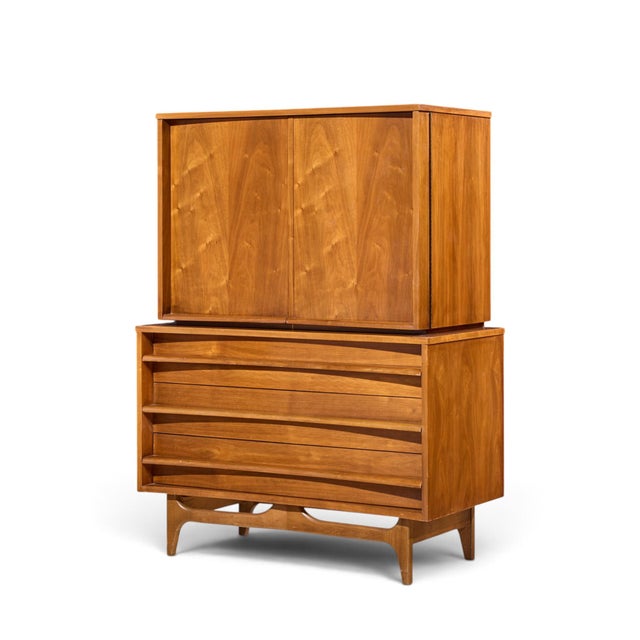Mid-Century Modern Young Manufacturing Mid Century Walnut Curved Gentlemans Chest Highboy Dresser For Sale - Image 3 of 9