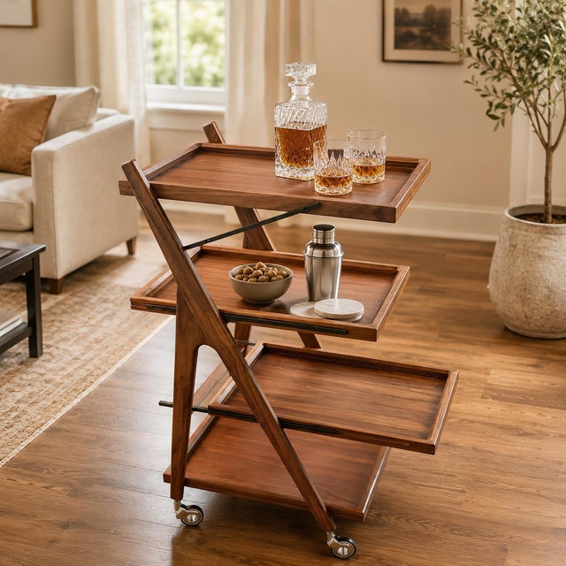 Four-Tier Walnut Bar Cart With Removable Trays, Modern Wood Serving Trolley With Wheels and Locking Casters For Sale - Image 11 of 11