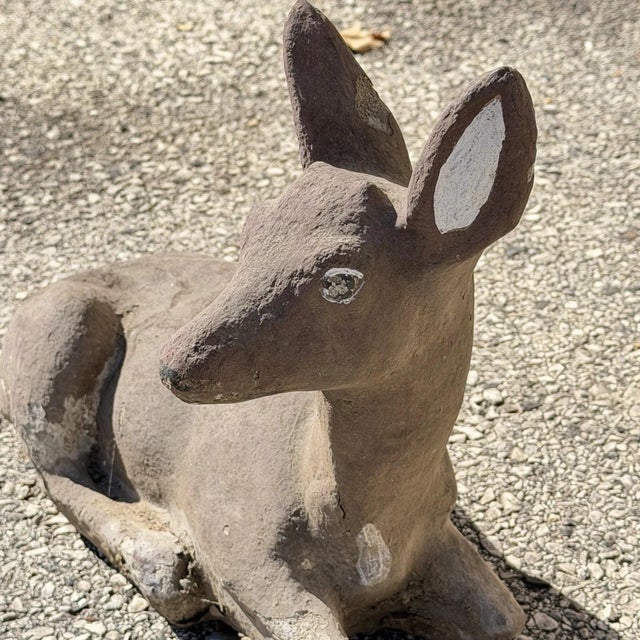 Vintage Reclining Fawn Seated Deer Small 16" Cement Concrete Stone Garden Statue For Sale - Image 9 of 15