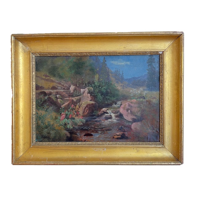 Edouard Rheiner, Mountain Landscape and Small Stream, Oil on Canvas, 1890s-1910s, Framed For Sale