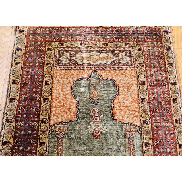 Vintage Turkish Hereke Prayer Rug, Green and Brick Red, Early 1900s, 2' x 3' For Sale - Image 12 of 16