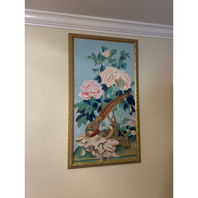1990s Chinoiserie Oil on Silk Painting of Birds With Lotus Blooms by Chelsea - a Pair For Sale - Image 13 of 18