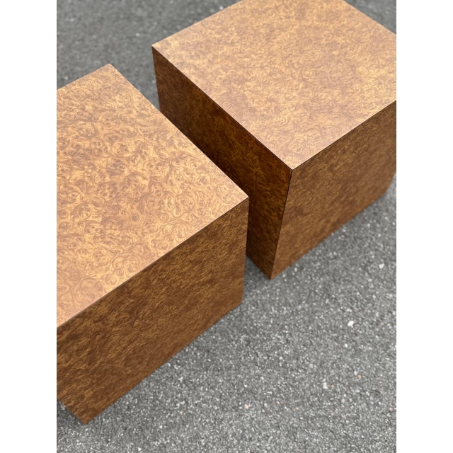 Gorgeous post-modern cube tables circa 1970's. Wrapped in a gorgeous burl wood veneer, this has the best coloring and...