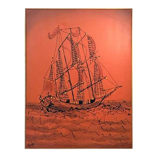 1960s Brutalist Bright Orange Pirates Galleon Oil Painting For Sale