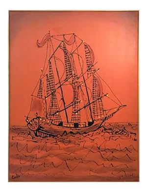 1960s Brutalist Bright Orange Pirates Galleon Oil Painting