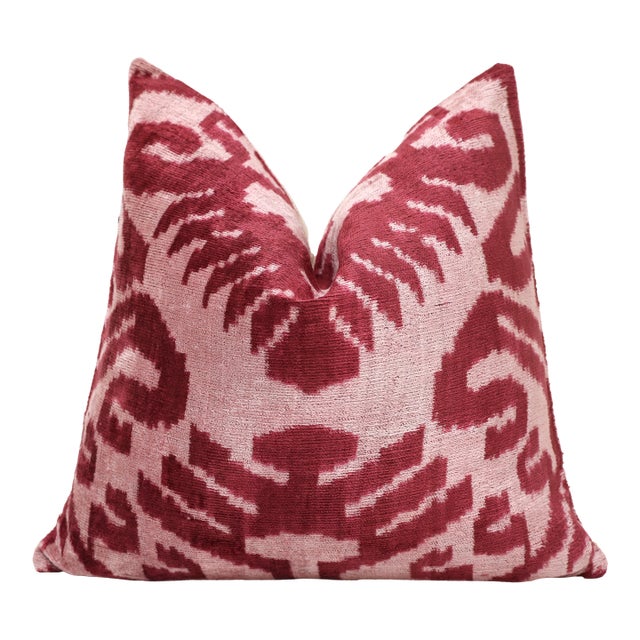 Blush Pink & Rose Ikat Velvet Throw Pillow 16x16 | Soft Classic Luxury For Sale