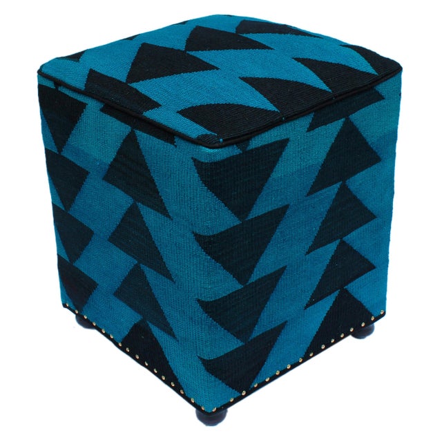 Black Boho Chic Blue/Black Handmade Kilim Upholstered Ottoman For Sale - Image 8 of 9