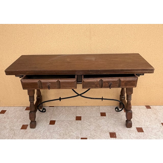 Spanish Drop-Leaf Console Table With Iron Stretchers, 1940s For Sale - Image 4 of 11