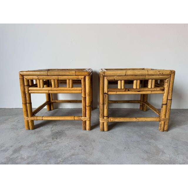 Brown Pair of Vintage Coastal Boho Chic Bamboo Rattan Side Tables For Sale - Image 8 of 9
