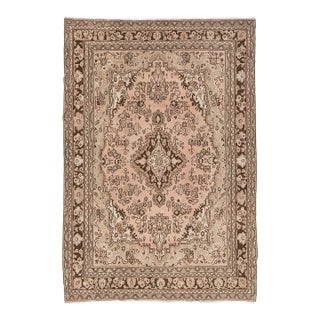 Vintage Hand-Knot Turkish Oushak Area Rug in Soft Blush, Taupe, and Espresso Brown For Sale