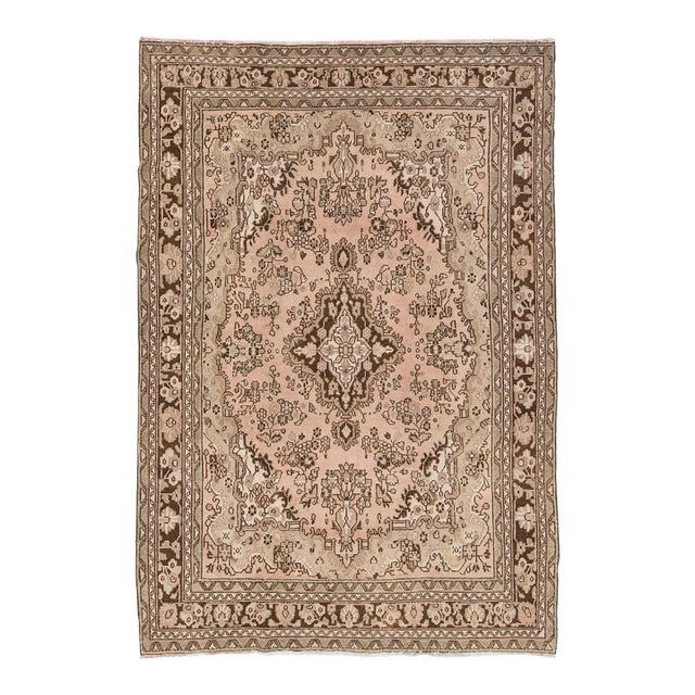 Vintage Hand-Knot Turkish Oushak Area Rug in Soft Blush, Taupe, and Espresso Brown For Sale