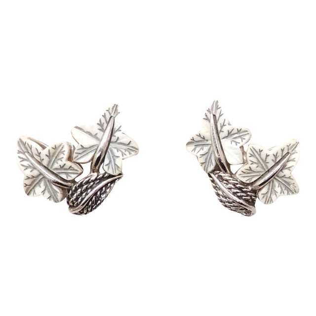 Vintage Signed Boucher Rhodium Plated White Thermoset Leaves Clip Earrings - 2 Pieces For Sale