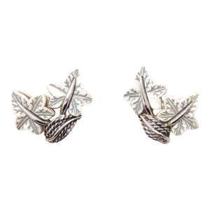 Vintage Signed Boucher Rhodium Plated White Thermoset Leaves Clip Earrings - 2 Pieces