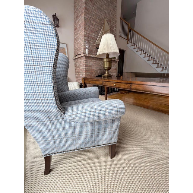 Custom Blue Wingback Chair in Schumacher For Sale - Image 10 of 16