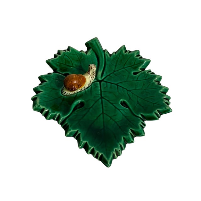 French Provincial Vintage Green Majolica Leaf Plate With Snail Motif, French Country Style For Sale - Image 3 of 8
