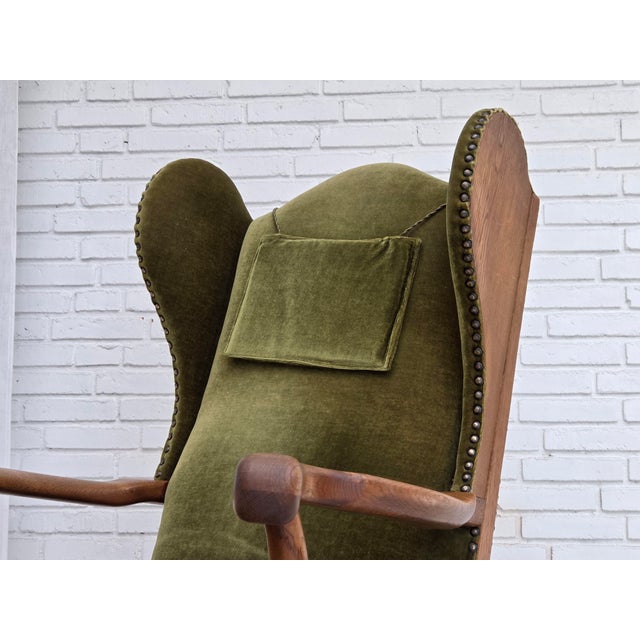 Mid-Century Modern Vintage Danish Wingback Lounge Chair in Furniture Velour and Oak, 1960s For Sale - Image 3 of 18