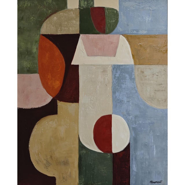 Original contemporary oil painting on linen canvas by French artist Sophie Dumont. Jeu de figures combines geometric...