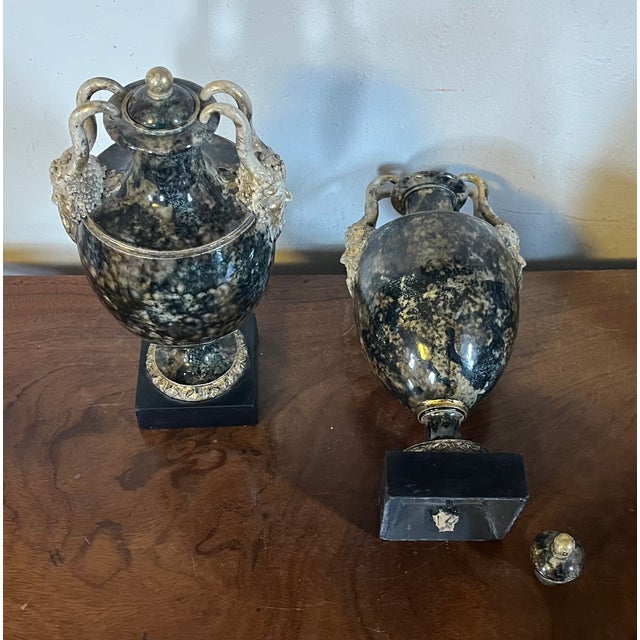 Antique 18th Century George III Wedgwood & Bentley Creamware Urns or Mantel Vases With Faux Stone Glaze & Satyr Mask Handles Circa 1780 - A Pair For Sale - Image 18 of 18