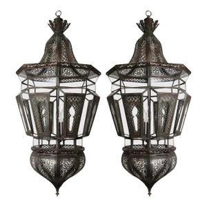 Moroccan Vintage Moorish Hanging Glass Light Fixtures a Pair