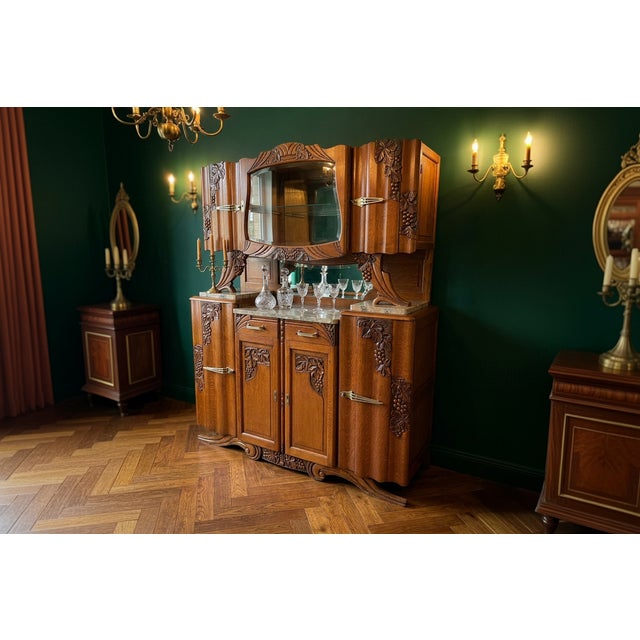 Glass Art Nouveau Buffet in Oak with Marble, Cut Glass and Floral Carvings, 1910 For Sale - Image 7 of 9