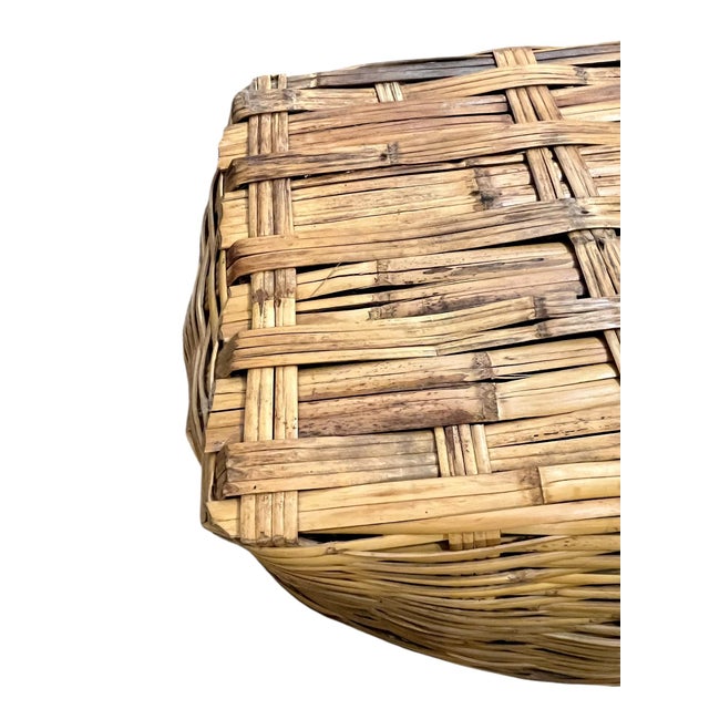 Brown Large Vintage French Country Split Bamboo Storage Basket 32” Width For Sale - Image 8 of 18
