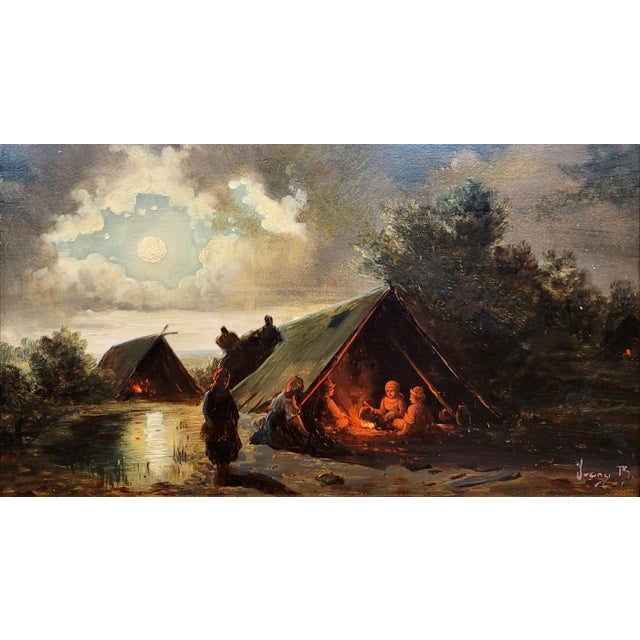 19th Century Continental School -Under the Moon Nite Campfire-Oil Painting For Sale - Image 4 of 10