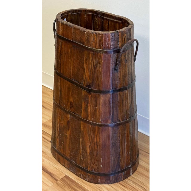 Early 20th Century Antique Large Wood Bucket Umbrella Stand With Metal Fittings For Sale - Image 5 of 10