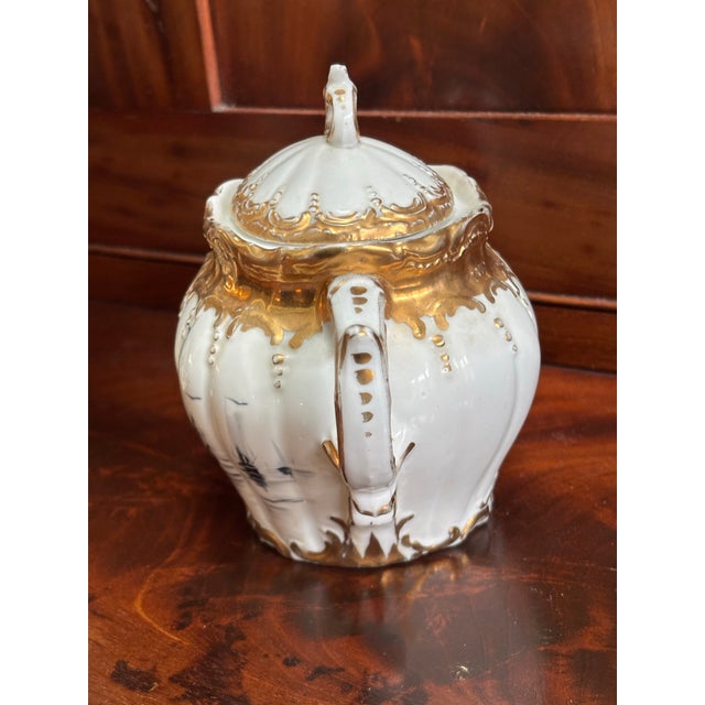 Rare Antique Ornate French Porcelain Nautical 5” Mellon Shaped Teapot With Heavy Gold Gilt For Sale - Image 4 of 12