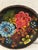 Vibrant Mexican mid-century hand-painted round carved wood Batea bowl in a floral motif.