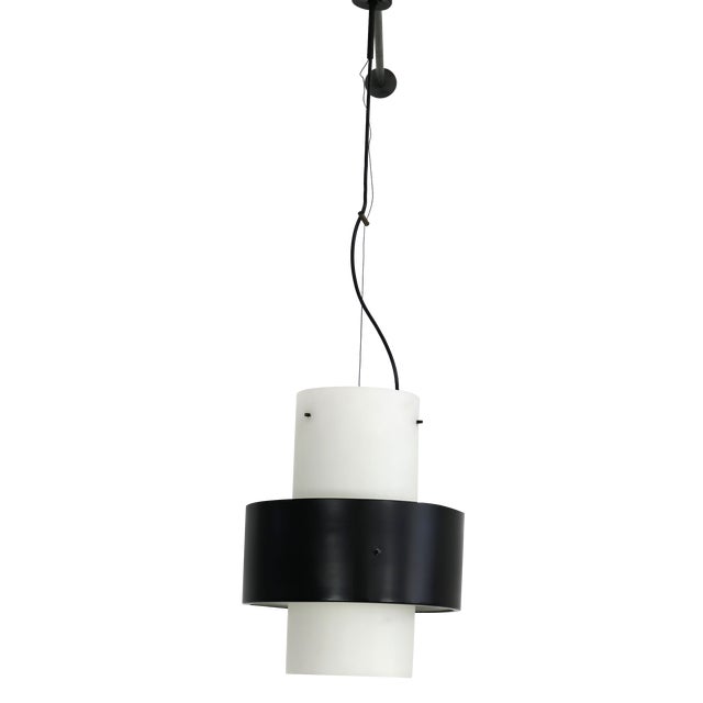 Pendant Light inSatin Glass with Black Painted Aluminum Ring from Stilnovo, 1950s For Sale